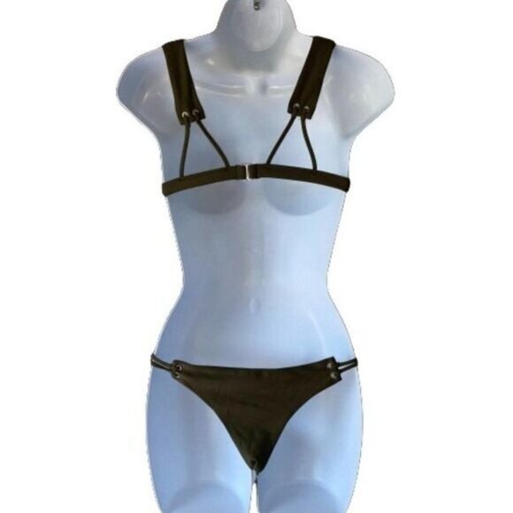 Olive Green Triangle Ribbed Bikini Top Two Piece Swimsuit Medium‎ - Picture 2 of 7